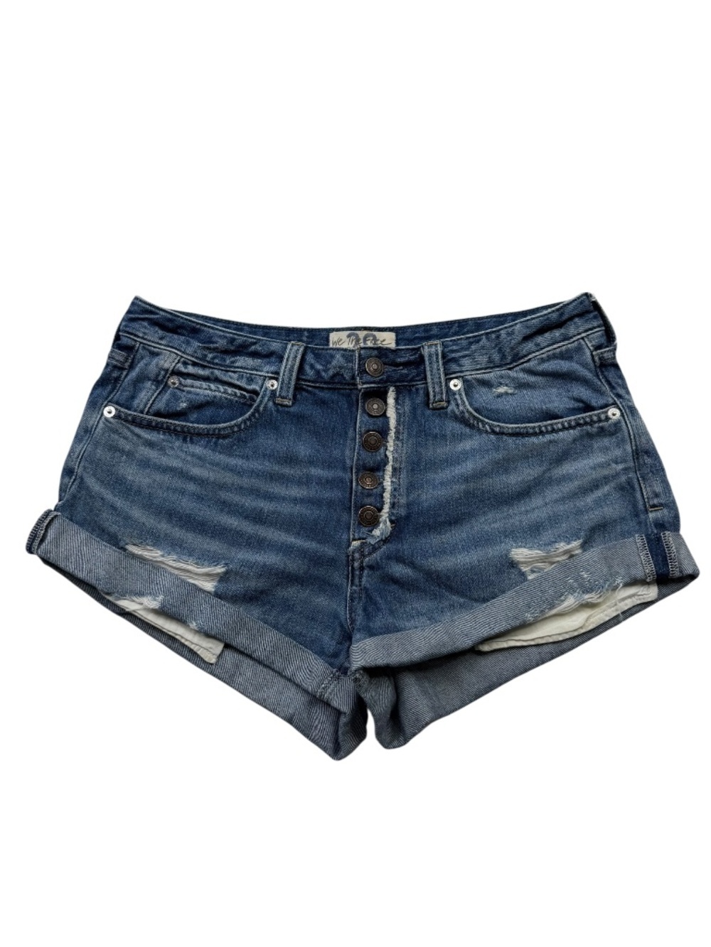 Free People Romeo Cutoff Shorts 29 Blue Denim Button Fly Distressed Rolled Hem